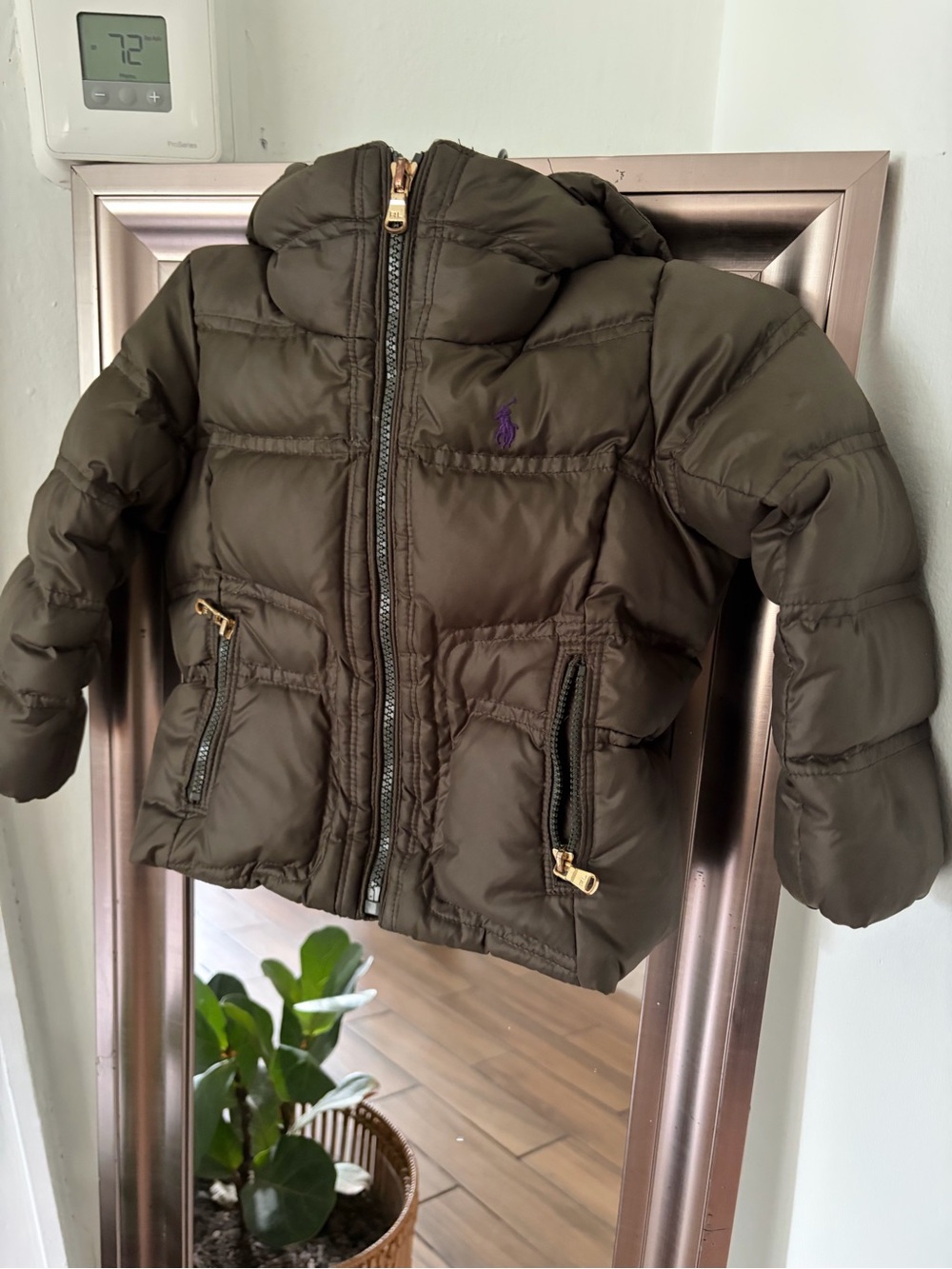 Polo Ralph Lauren Toddler 2T Hooded Puffer Jacket Brown Olive Pony Logo